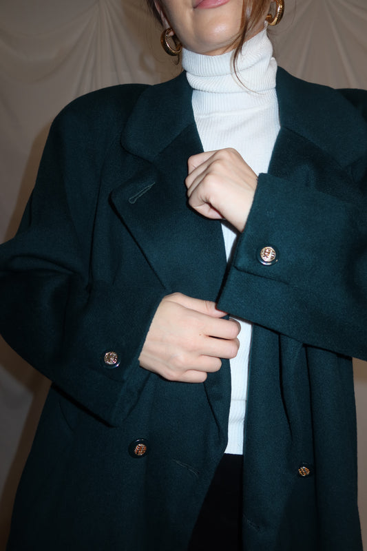 Vintage 1980’s Wool Blend Forest Green Novelty Button Peacoat- Size 14/XL
