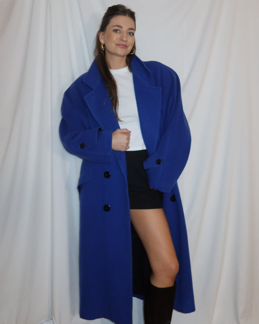 Vintage 1980’s Bold Blue 100% Wool Retro Coat- Size 14/L