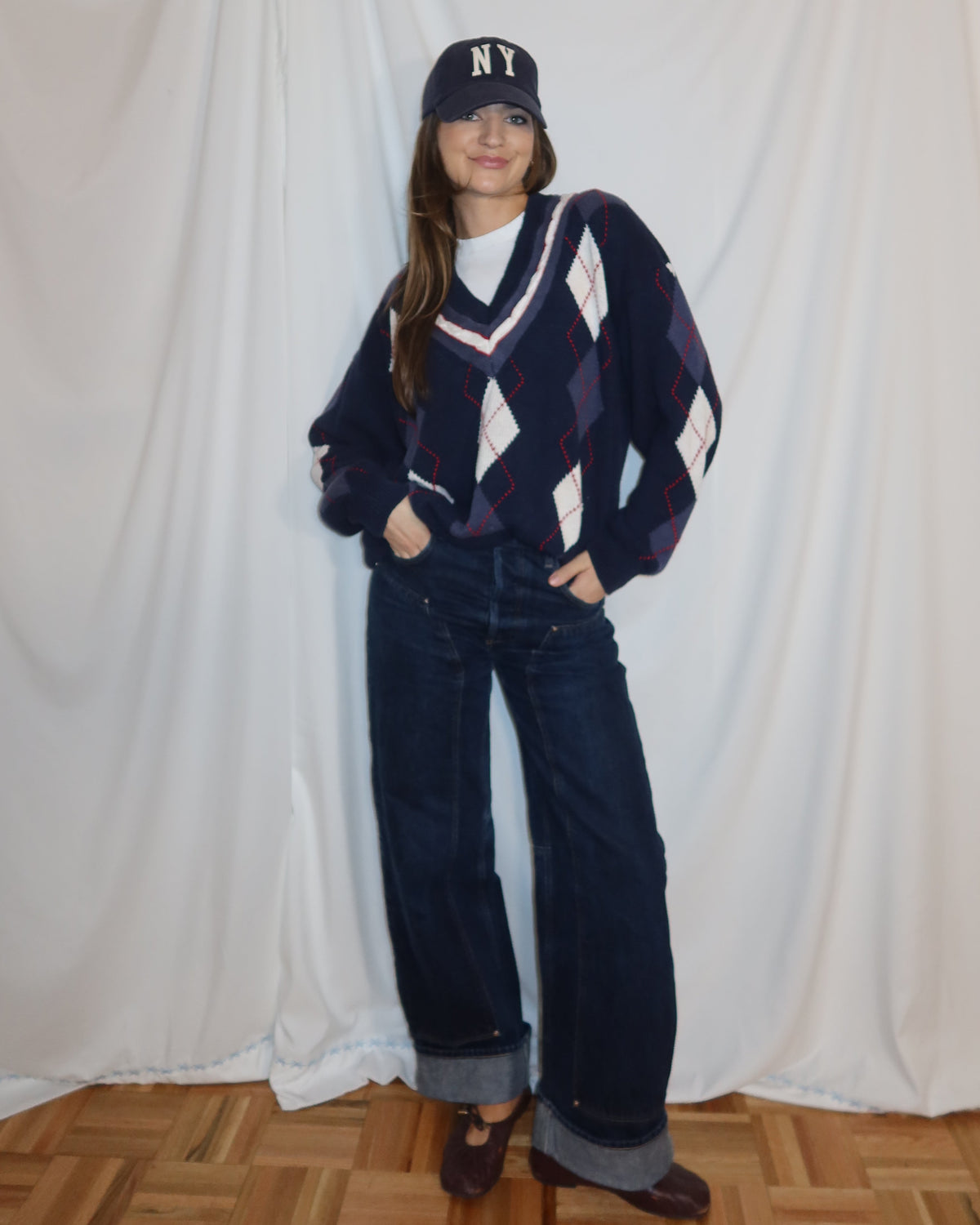 Vintage 1980s Cotton Blend Argyle Deep V Neck Varsity Sweater- Size XL