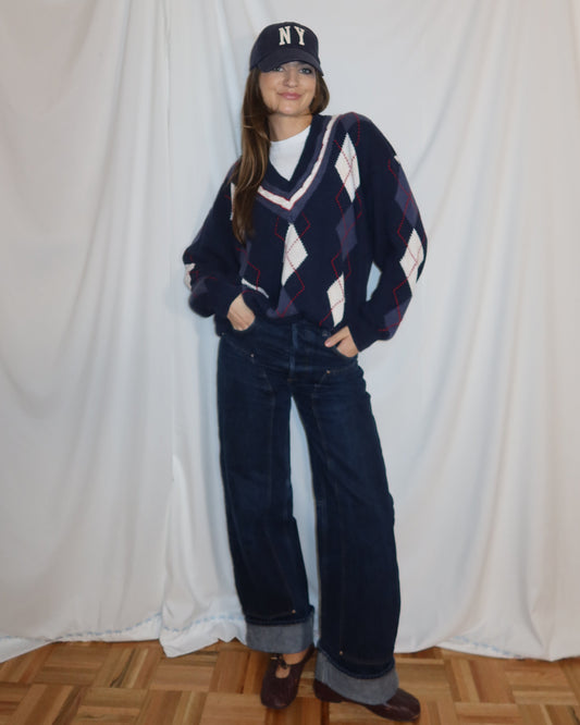 Vintage 1980s Cotton Blend Argyle Deep V Neck Varsity Sweater- Size XL