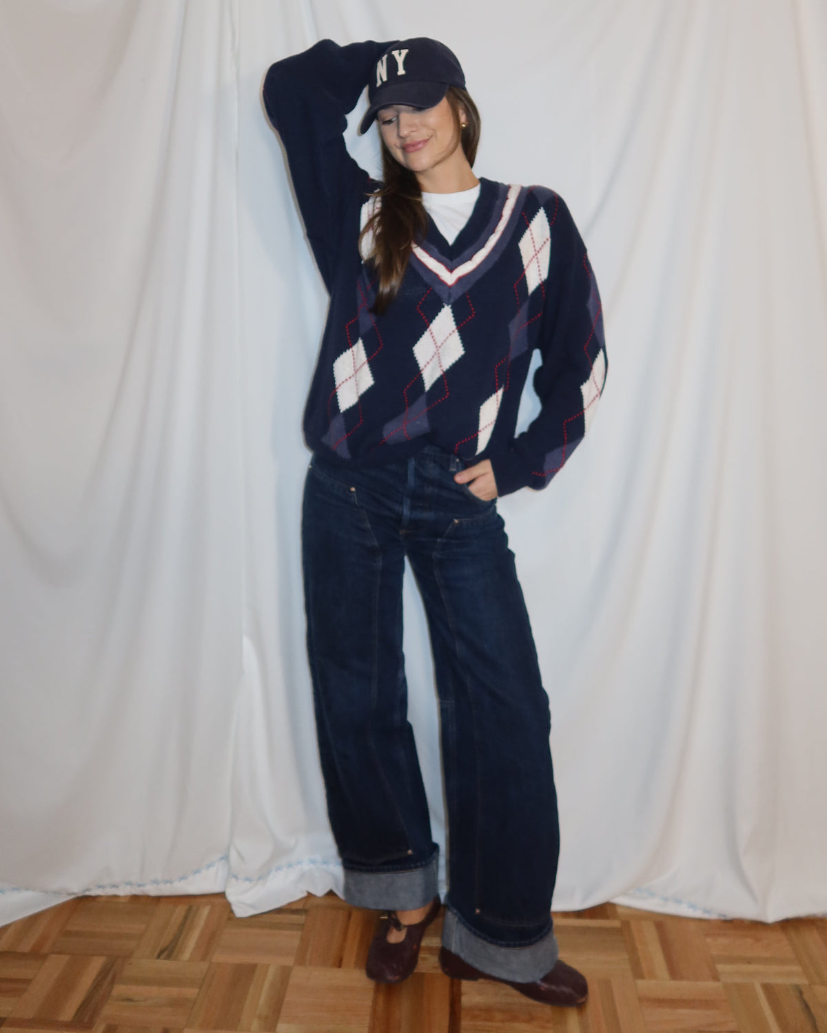 Vintage 1980s Cotton Blend Argyle Deep V Neck Varsity Sweater- Size XL