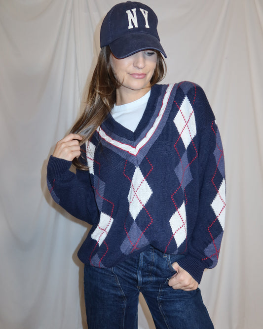 Vintage 1980s Cotton Blend Argyle Deep V Neck Varsity Sweater- Size XL