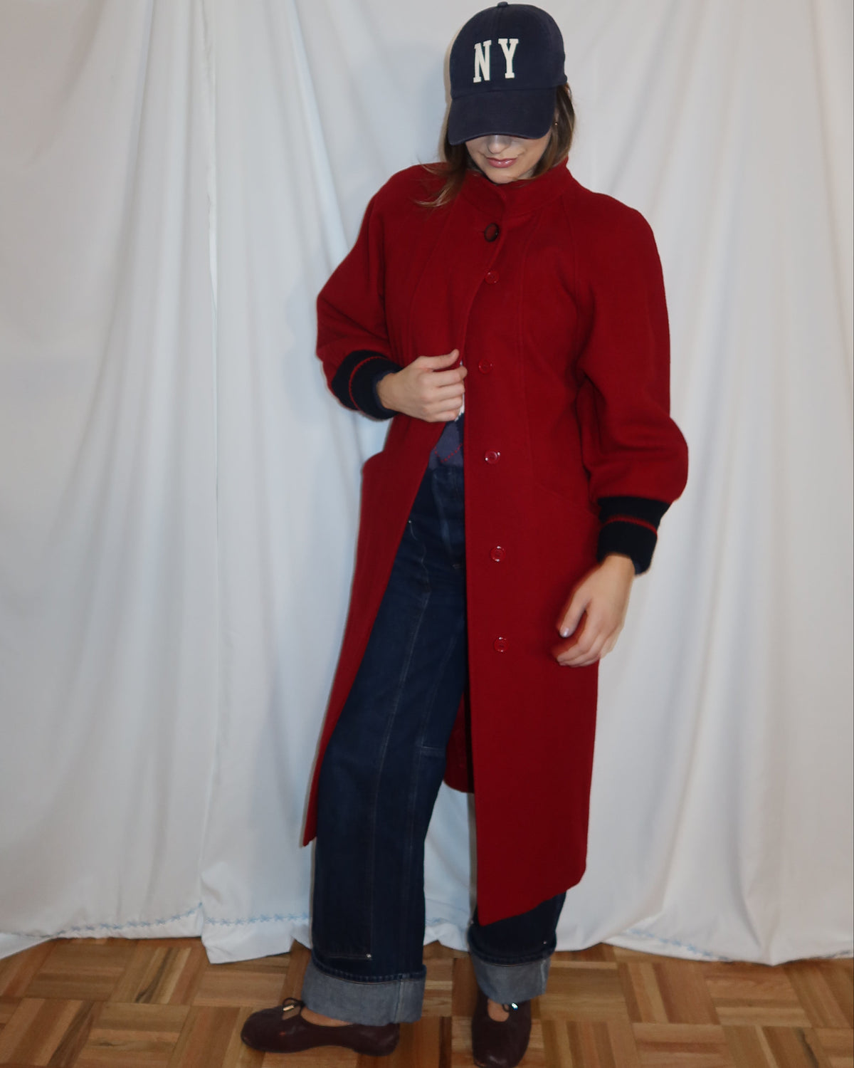Vintage 1980’s Red Wool Peacoat with Retro Varsity Sweater Trim Details- Size S/M