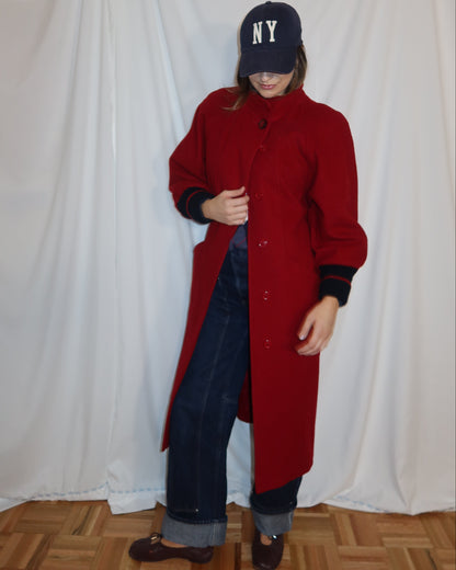 Vintage 1980’s Red Wool Peacoat with Retro Varsity Sweater Trim Details- Size S/M
