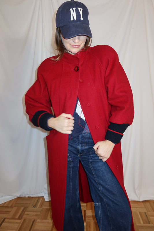 Vintage 1980’s Red Wool Peacoat with Retro Varsity Sweater Trim Details- Size S/M