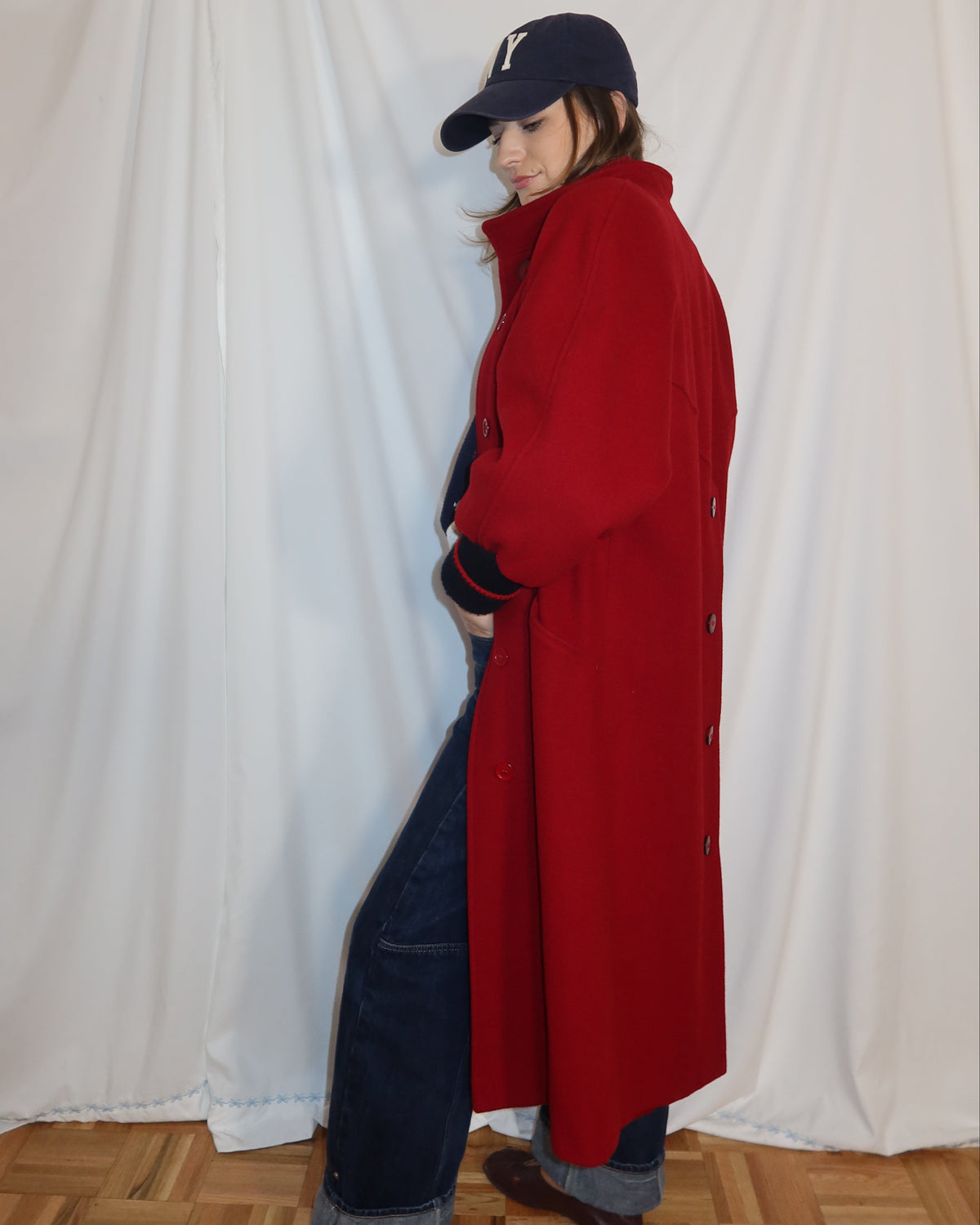 Vintage 1980’s Red Wool Peacoat with Retro Varsity Sweater Trim Details- Size S/M