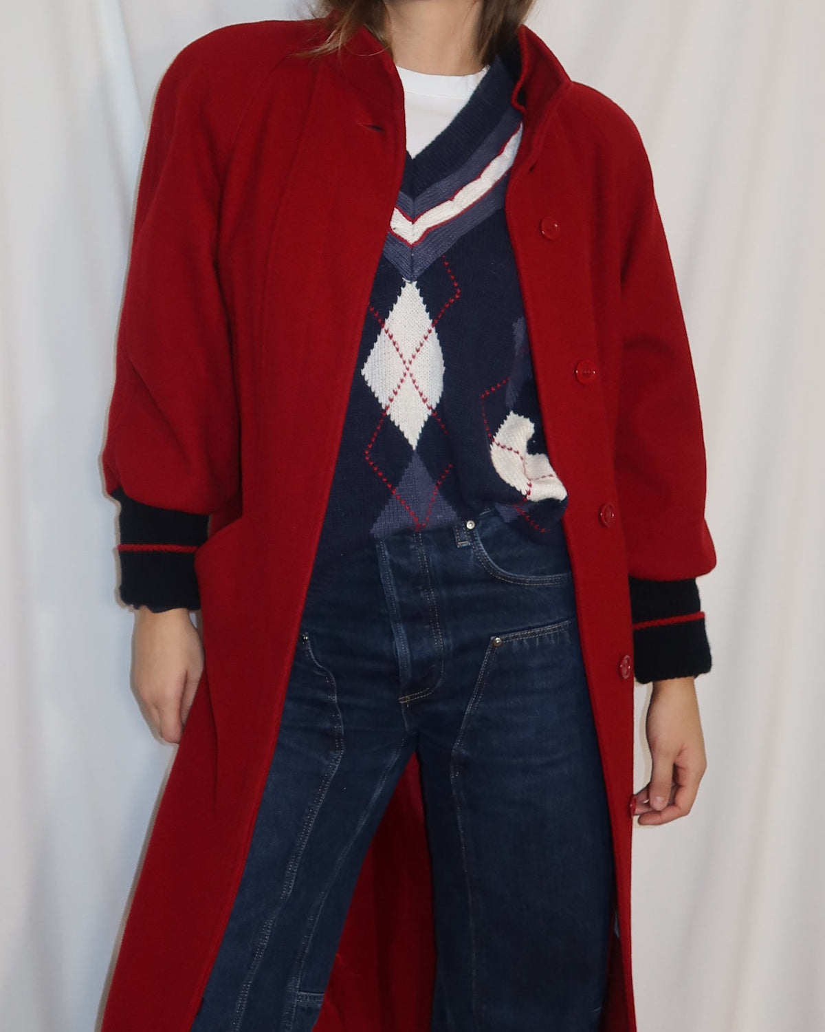Vintage 1980’s Red Wool Peacoat with Retro Varsity Sweater Trim Details- Size S/M