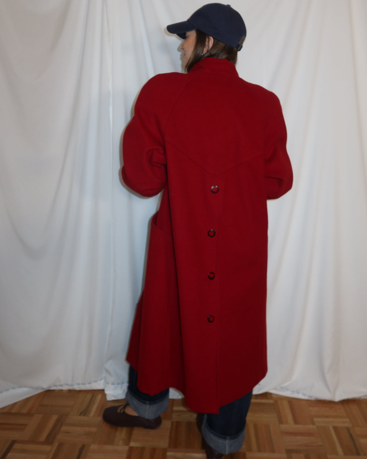 Vintage 1980’s Red Wool Peacoat with Retro Varsity Sweater Trim Details- Size S/M