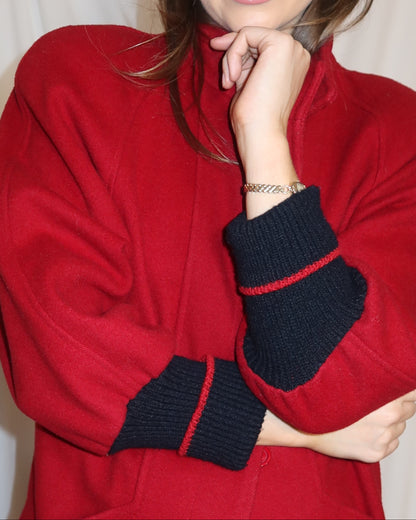 Vintage 1980’s Red Wool Peacoat with Retro Varsity Sweater Trim Details- Size S/M