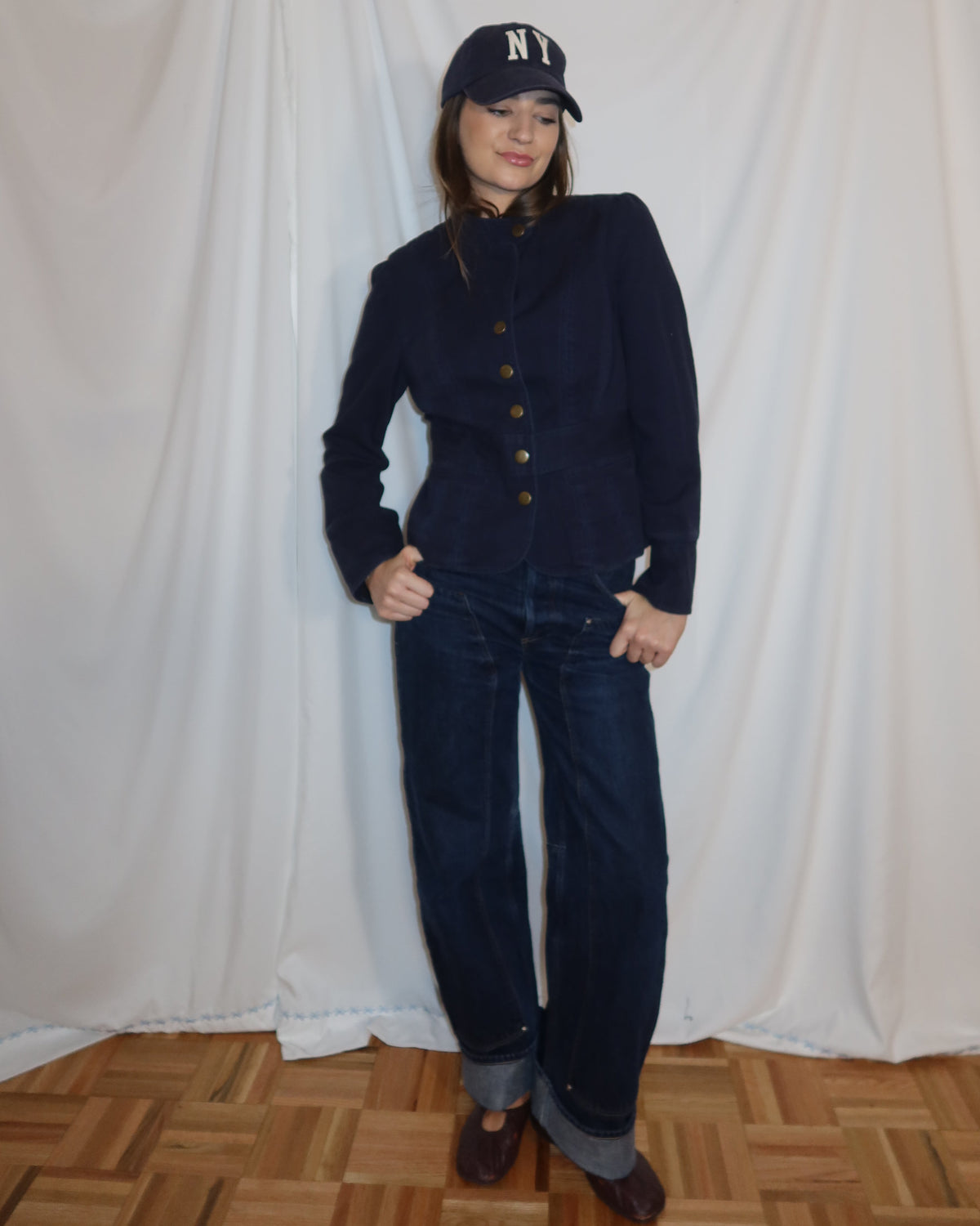 Vintage Y2K Tommy Hilfiger 100% Cotton Twill Navy Military Inspired Jacket- Size S/M