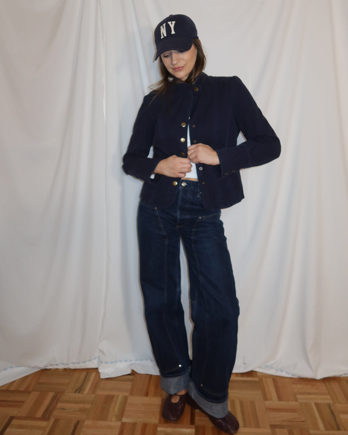 Vintage Y2K Tommy Hilfiger 100% Cotton Twill Navy Military Inspired Jacket- Size S/M