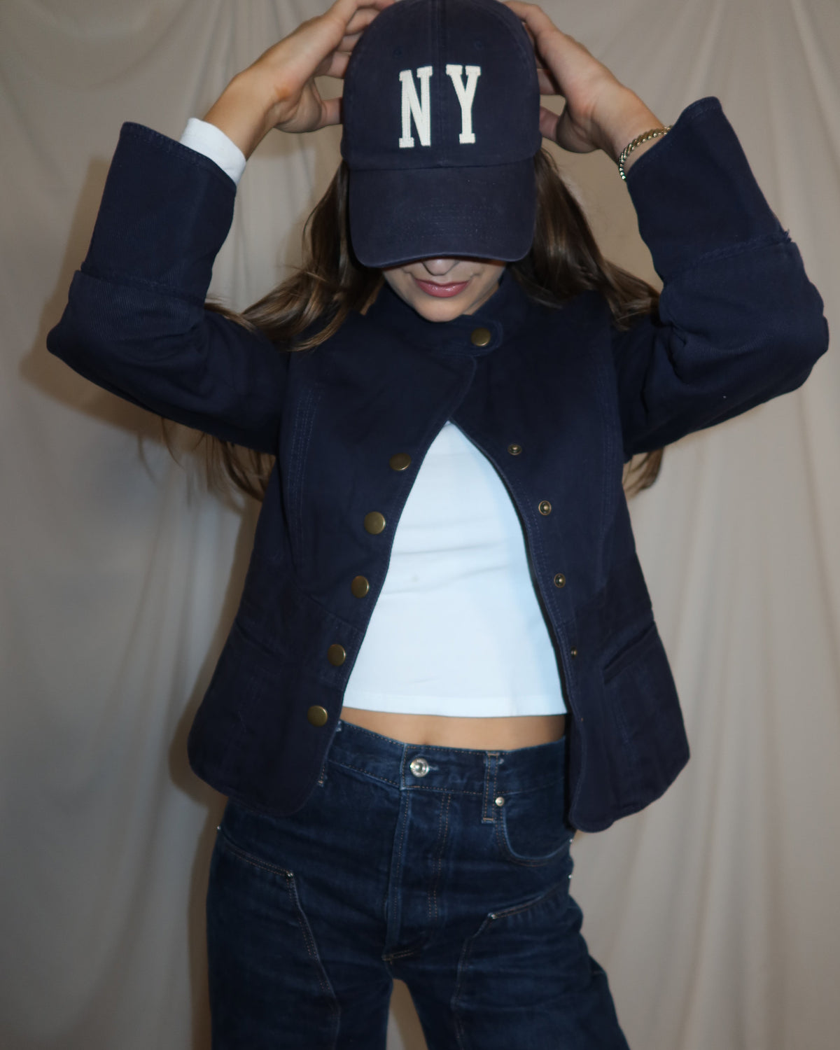 Vintage Y2K Tommy Hilfiger 100% Cotton Twill Navy Military Inspired Jacket- Size S/M