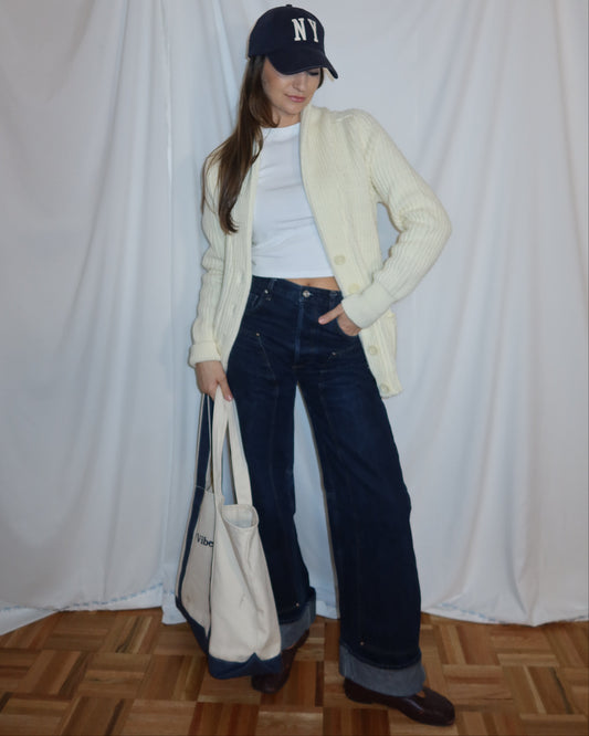 Vintage 1970's Chunky Ivory Varsity Bomber Cardigan- Size S