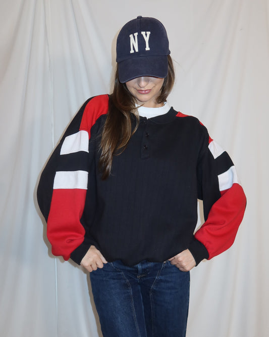 Vintage 1990's Retro Varsity Color Blocked Henley Fleece Sweatshirt- Size XL