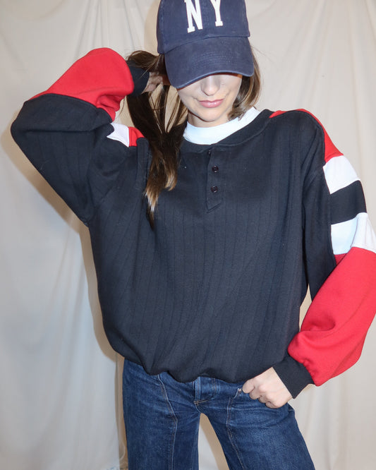 Vintage 1990's Retro Varsity Color Blocked Henley Fleece Sweatshirt- Size XL