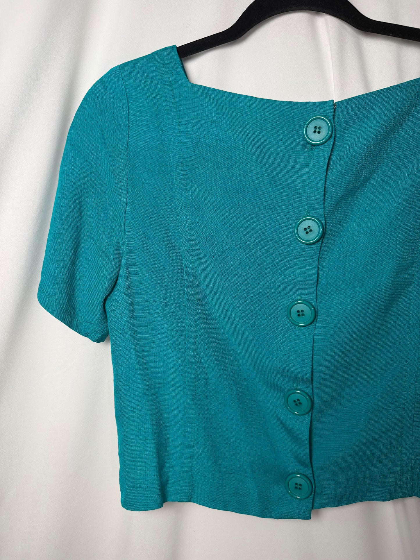 1980's Short Sleeve Button Back Teal Shift Top- Size 10/M