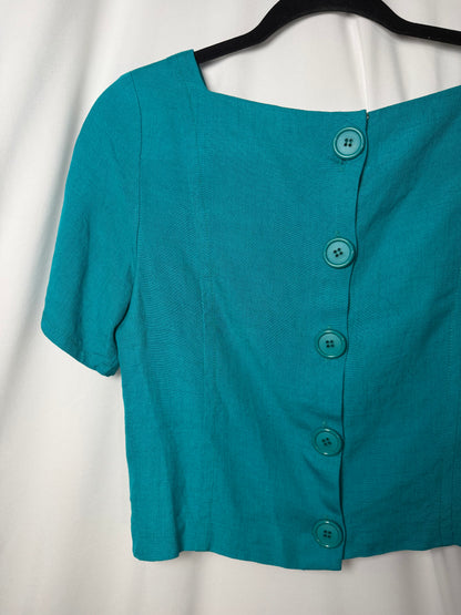 1980's Short Sleeve Button Back Teal Shift Top- Size 10/M