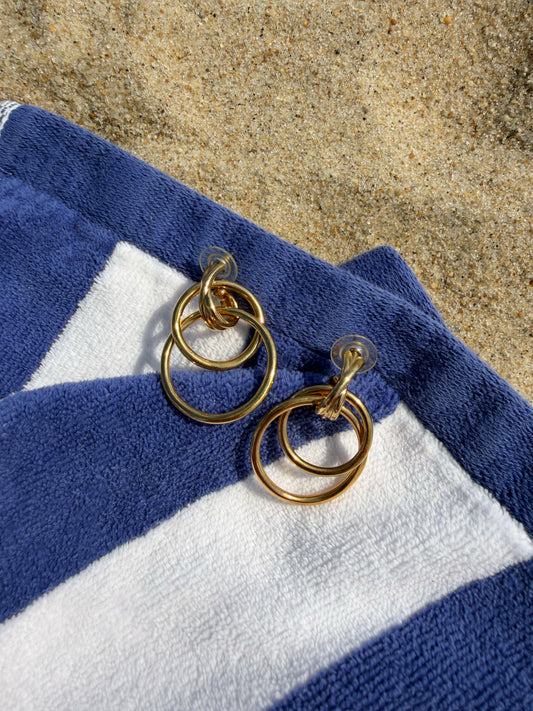 1980's Double Hoop Gold Tone Stone Earrings