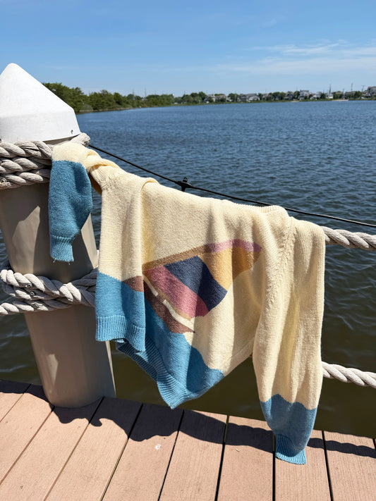 1980's Sailboat Colorblock V-neck Raglan Sweater- Size L