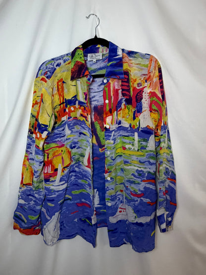 Y2K 100% Silk Button Down Scenic Print Shirt- Size M
