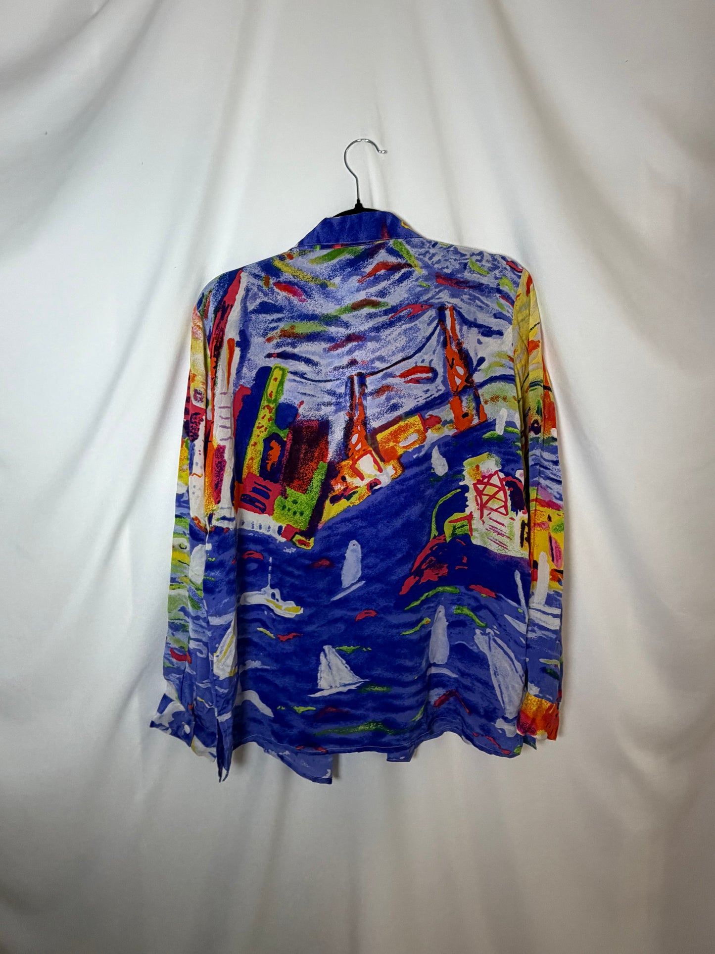 Y2K 100% Silk Button Down Scenic Print Shirt- Size M