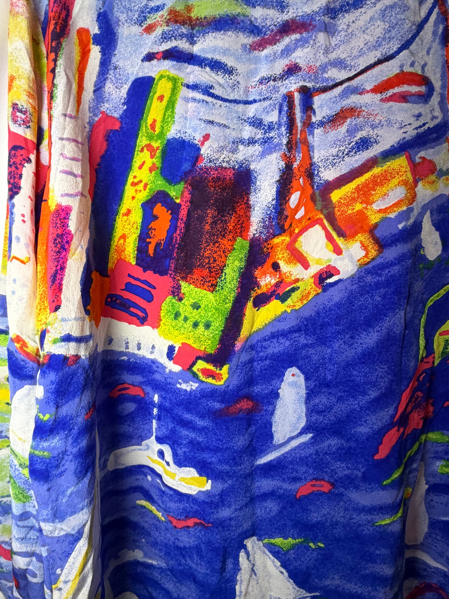 Y2K 100% Silk Button Down Scenic Print Shirt- Size M