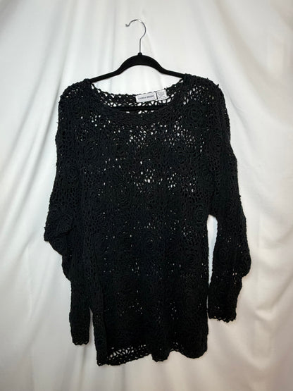 1990's Black Open-knit Crochet Longsleeve Top/Dress- Size L