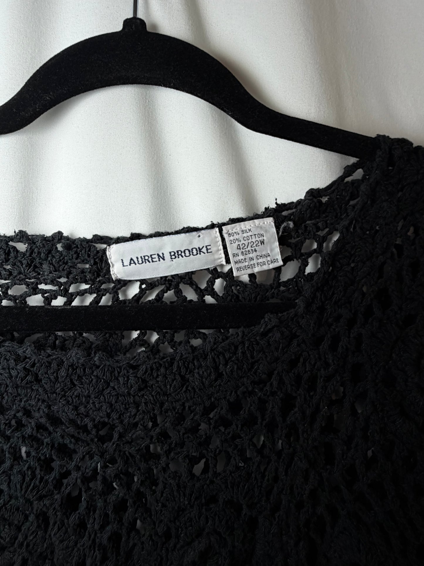 1990's Black Open-knit Crochet Longsleeve Top/Dress- Size L