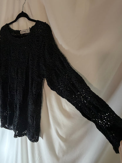 1990's Black Open-knit Crochet Longsleeve Top/Dress- Size L