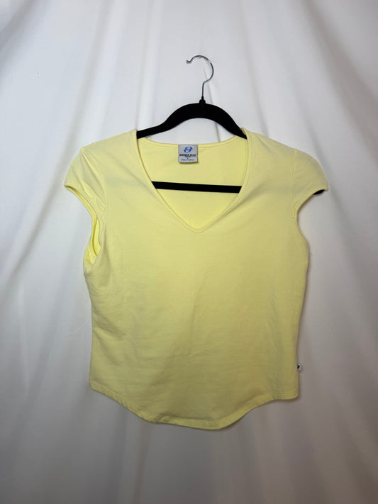 1990's Light Yellow V-neck Cap Sleeve Tee- Size S/M