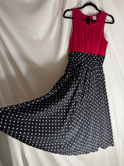 1980's Polka Dot & Pink Pop Midi Dress- Size 9/10