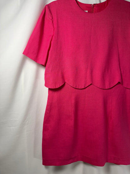 1980's Hot Pink Scallop Detail Mini Shift Dress- Size 12