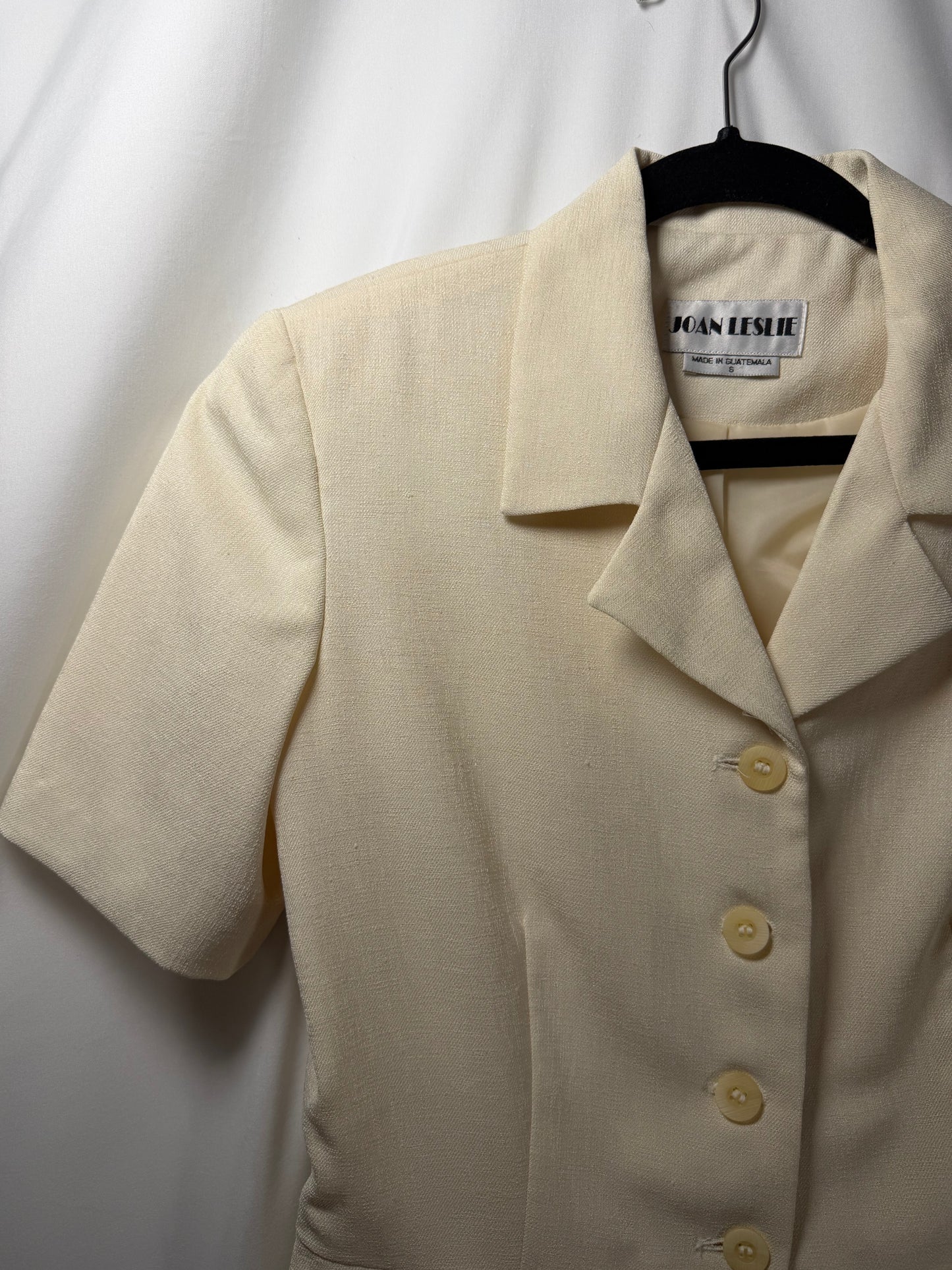 1980's Ivory Short Sleeve Peplum Twill Button Front Top/Jacket- Size 6/M