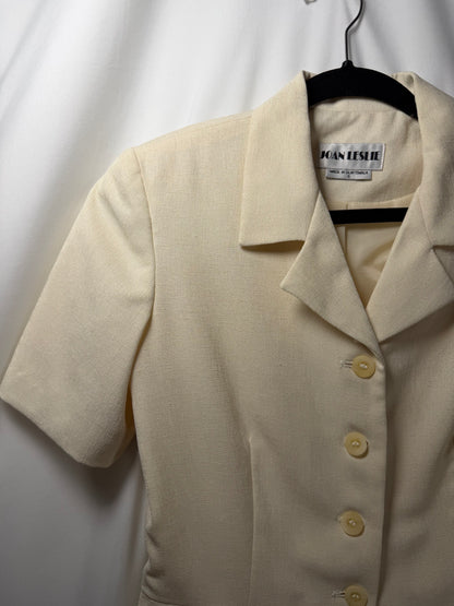 1980's Ivory Short Sleeve Peplum Twill Button Front Top/Jacket- Size 6/M