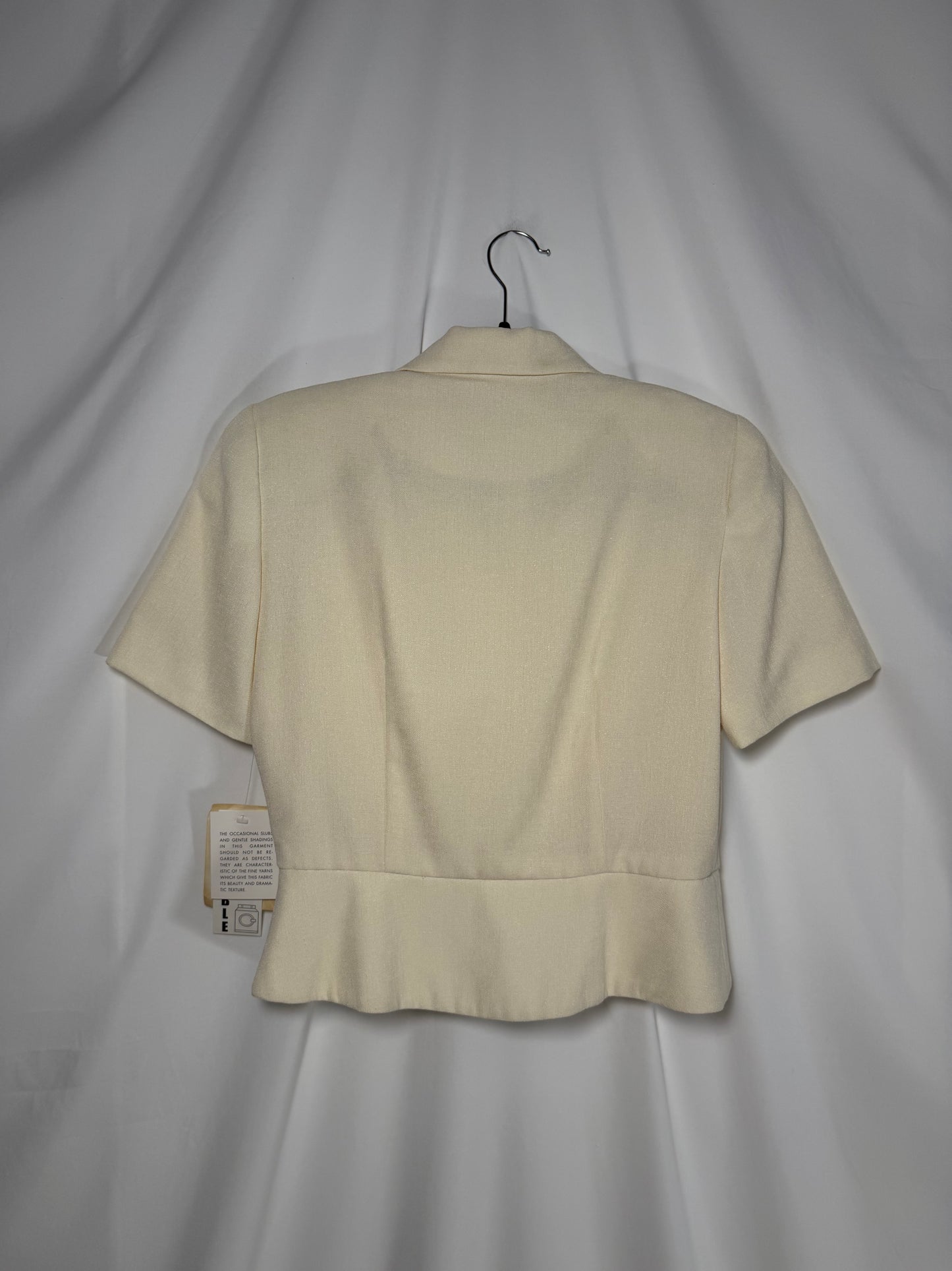 1980's Ivory Short Sleeve Peplum Twill Button Front Top/Jacket- Size 6/M
