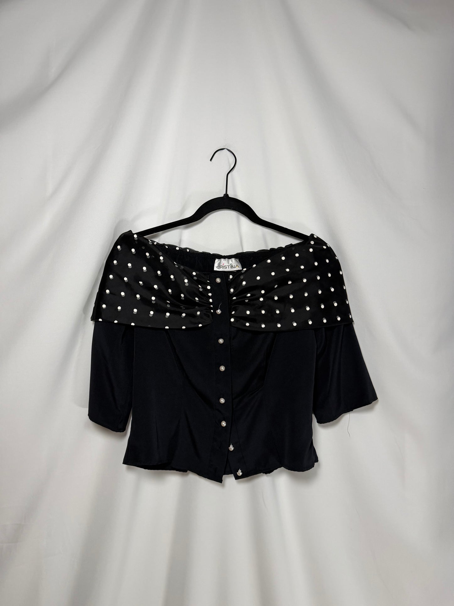1980's Off The Shoulder Polka Dot Pearl Button Up Top- Size S/M