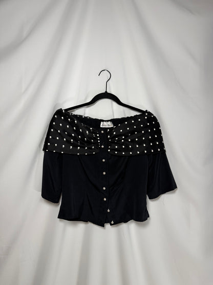1980's Off The Shoulder Polka Dot Pearl Button Up Top- Size S/M