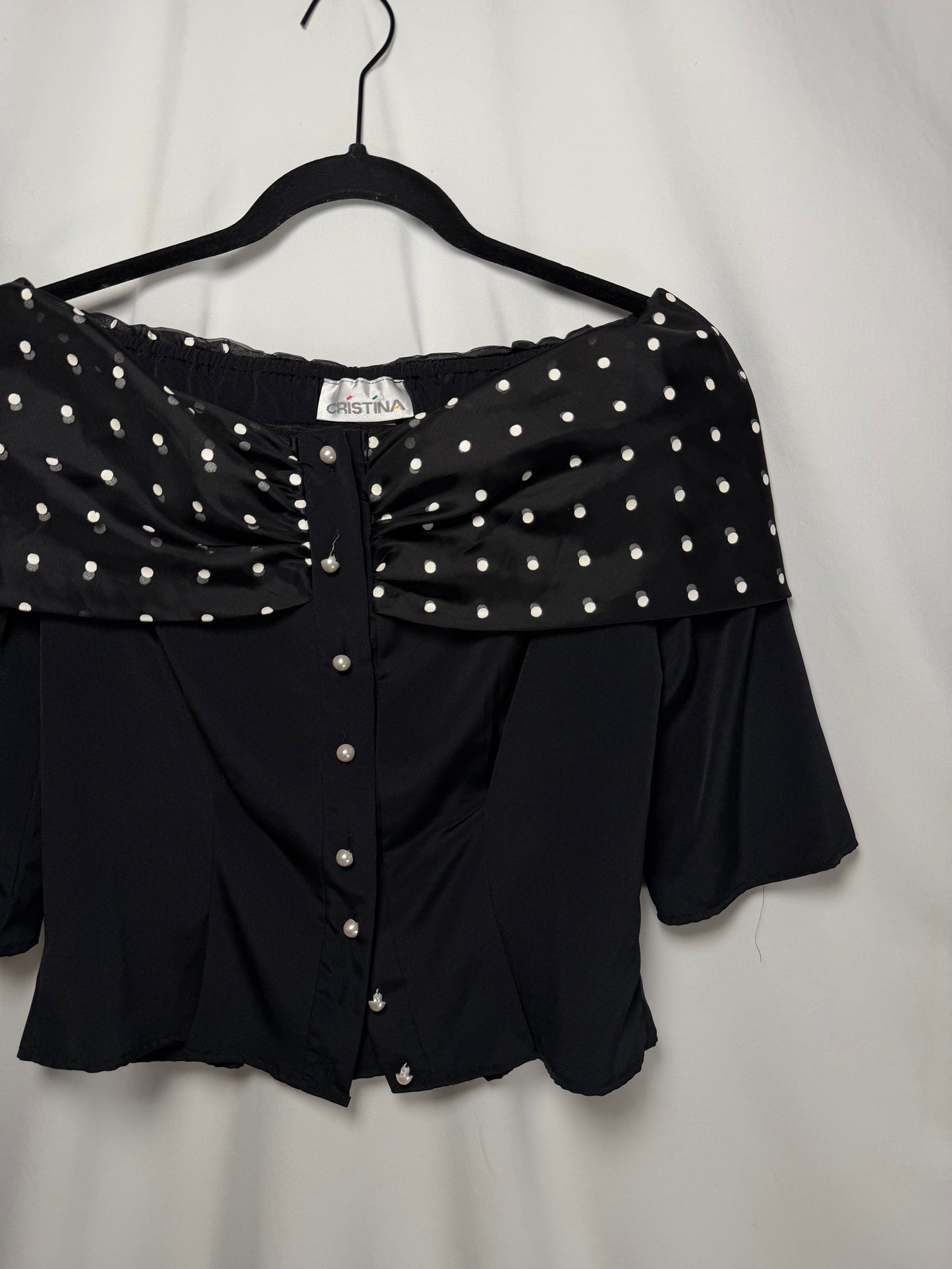 1980's Off The Shoulder Polka Dot Pearl Button Up Top- Size S/M