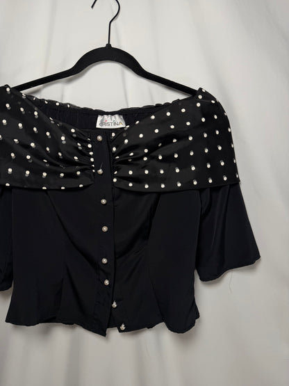 1980's Off The Shoulder Polka Dot Pearl Button Up Top- Size S/M