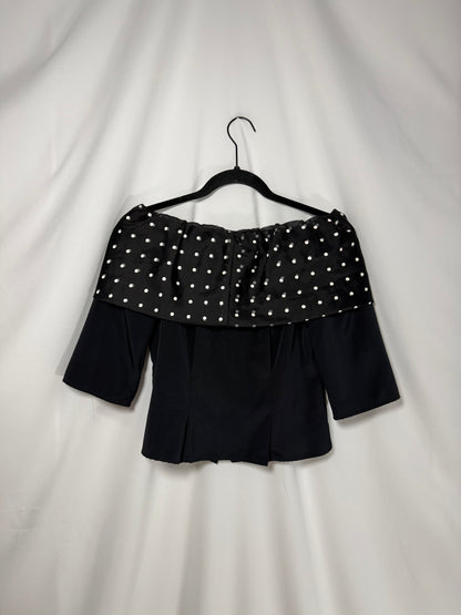 1980's Off The Shoulder Polka Dot Pearl Button Up Top- Size S/M