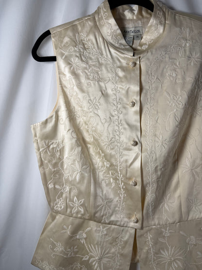 1990's 100% Silk Mandarin Collar Embroidered Vest/Top- Size 14 or M/L