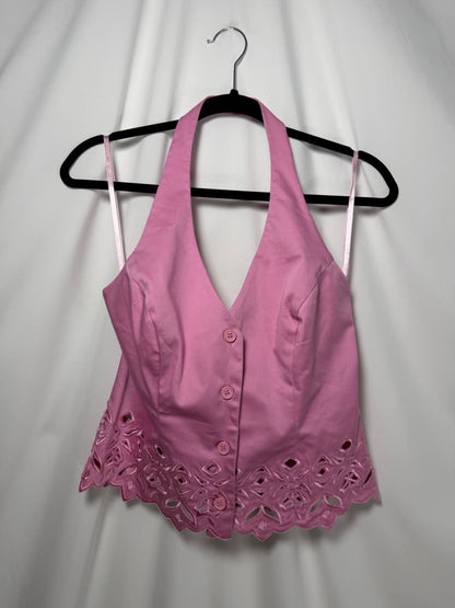 Y2K Caché Pink Cutwork Button Front Vest/Halter Top- Size 8/M