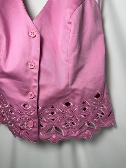 Y2K Caché Pink Cutwork Button Front Vest/Halter Top- Size 8/M