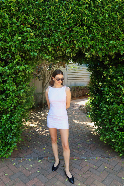 1990's Eyelet Boatneck Bow Detail Mini Shift Dress- Size 2/4
