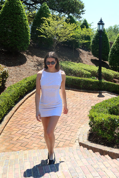 1990's Eyelet Boatneck Bow Detail Mini Shift Dress- Size 2/4