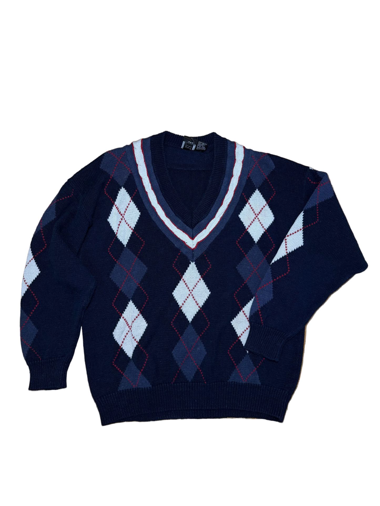 Vintage 1980s Cotton Blend Argyle Deep V Neck Varsity Sweater- Size XL
