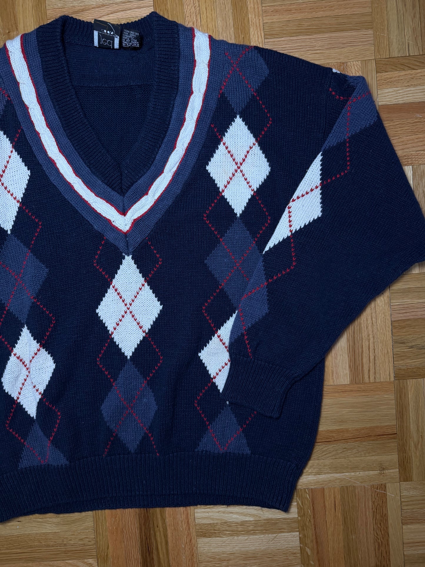 Vintage 1980s Cotton Blend Argyle Deep V Neck Varsity Sweater- Size XL