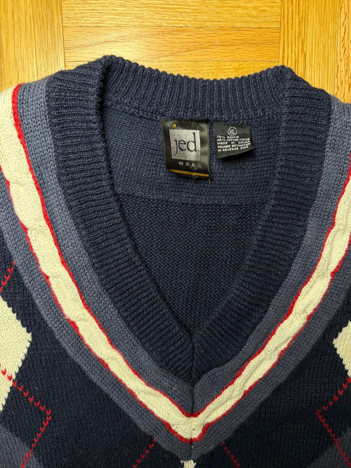 Vintage 1980s Cotton Blend Argyle Deep V Neck Varsity Sweater- Size XL