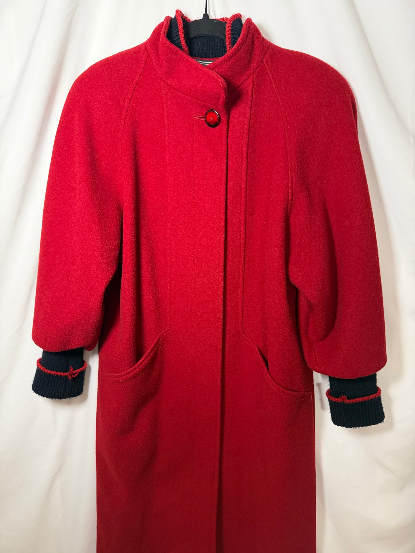Vintage 1980’s Red Wool Peacoat with Retro Varsity Sweater Trim Details- Size S/M