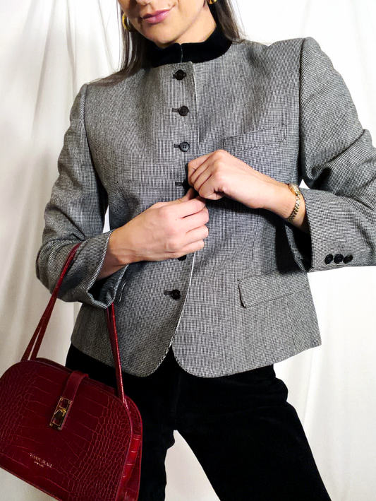 Vintage 1990's Black & White Wool Blazer with Velvet Mandarin Collar- Size S/M